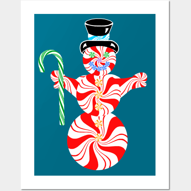 Cute Peppermint Snowman with Candy Cane Wall Art by Art by Deborah Camp